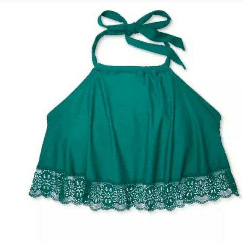 Xhilaration Women's Bikini Top Plus Teal Green Lace Trim Flounce 22W